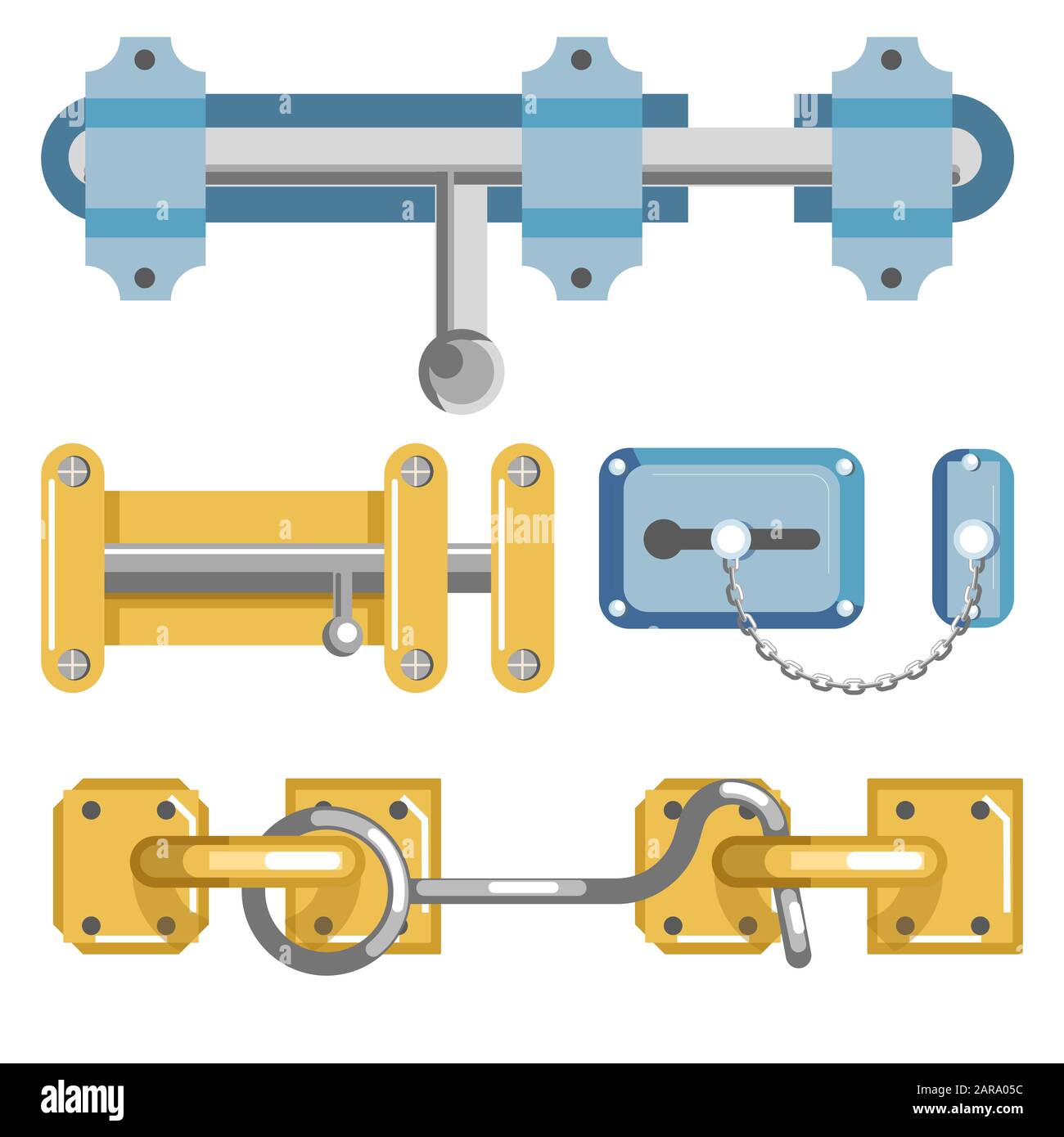 Verrous de porte métalliques avec boulon et chaîne ou crochet de cabine Illustration de Vecteur