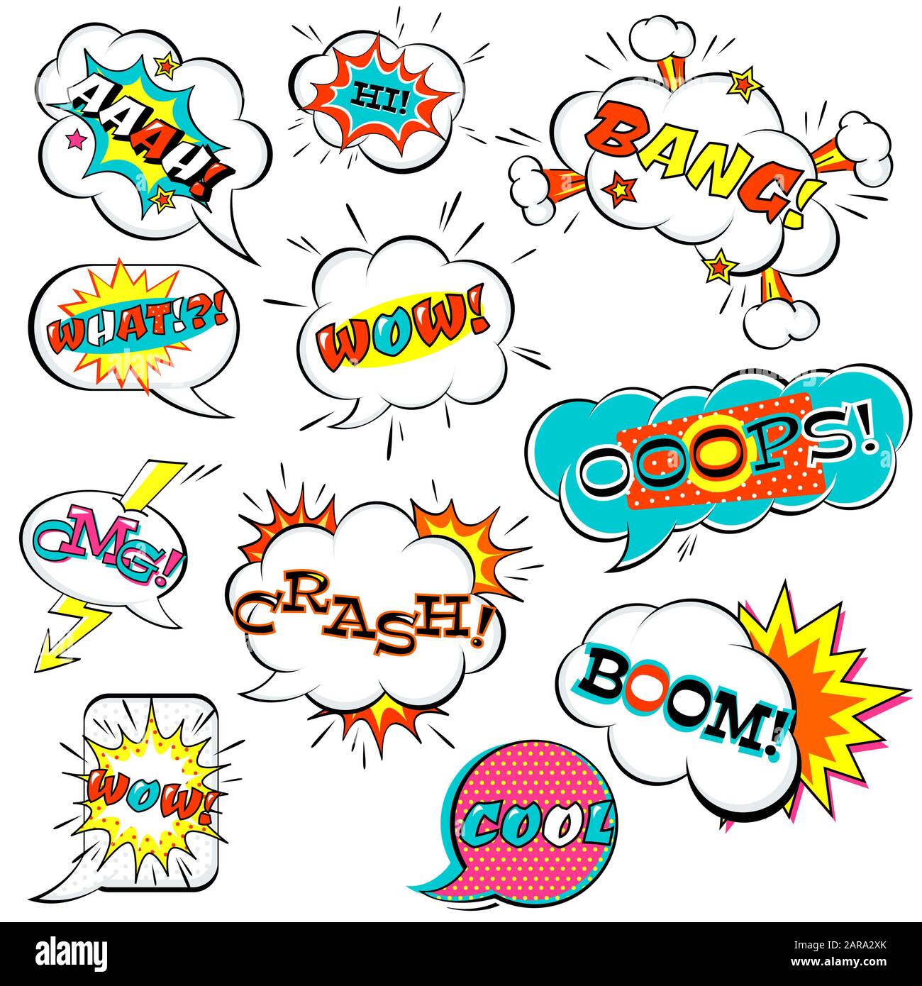 Série de bande dessinée bulle avec l'inscription : boom, wow, quoi, bang, OMG, aah, flèche, crash, hi, cool. Collection de dessins vectoriels et de nuages d'explosions Illustration de Vecteur