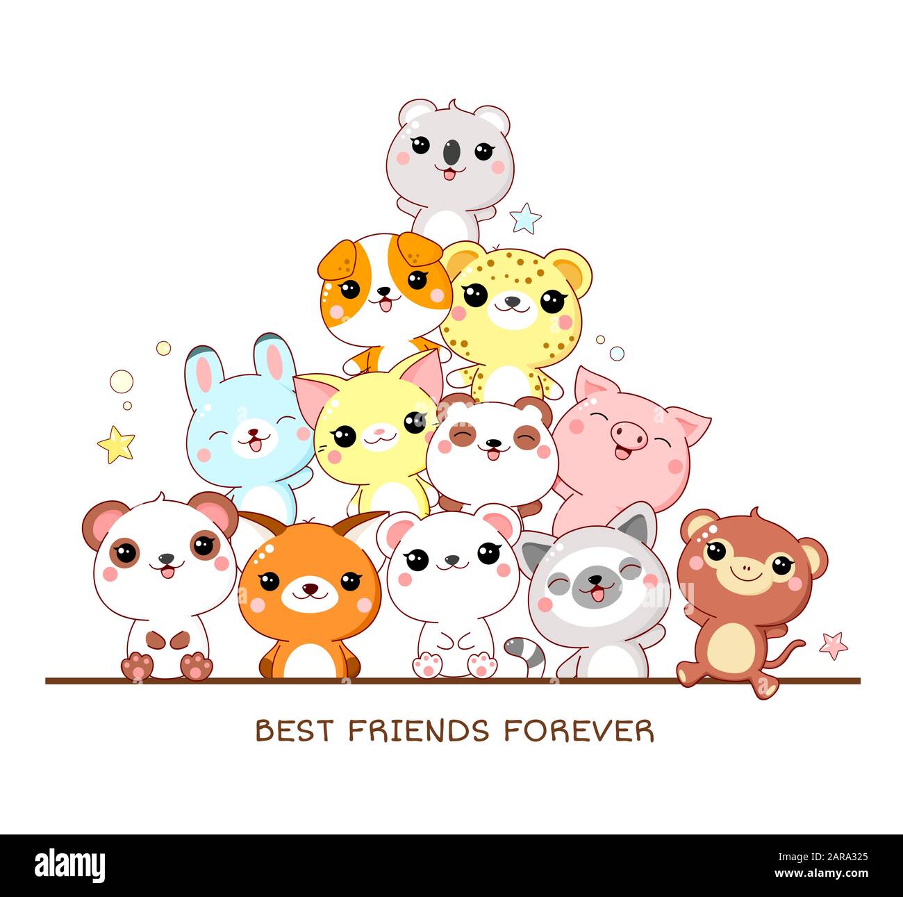 Meilleurs amis pour toujours. Affiche carrée avec animaux mignons - singe, panda, renard, lémurien, porc, léopard, chien, lapin, chat, koala dans le style kawaii. Isolé le Illustration de Vecteur