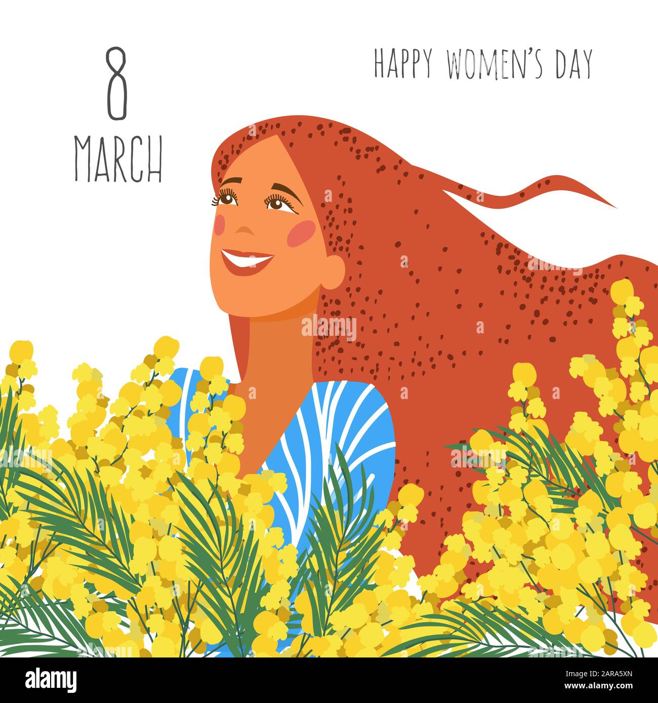 Bonne Journee Pour Femme Le Visage Joyeux D Une Fille Sur Un Fond De Fleurs Mimosa Illustration Vectorielle De Dessin A Main Plate Image Vectorielle Stock Alamy