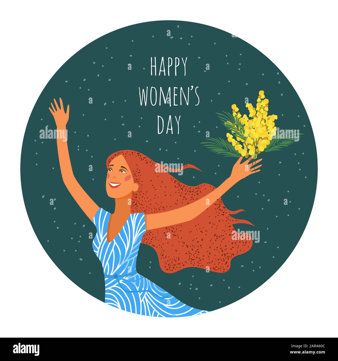 Bonne journée pour femme. Jeune fille joyeuse aux fleurs mimosa. Illustration vectorielle de dessin animé plat Illustration de Vecteur
