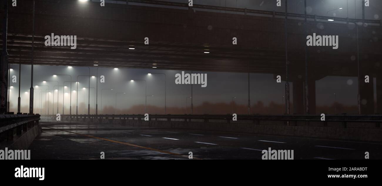 L'autoroute sous le pont de nuit à l'horizon. Banque D'Images