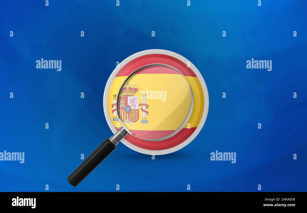 Drapeau espagnol derrière une loupe. Le badge drapeau a une texture