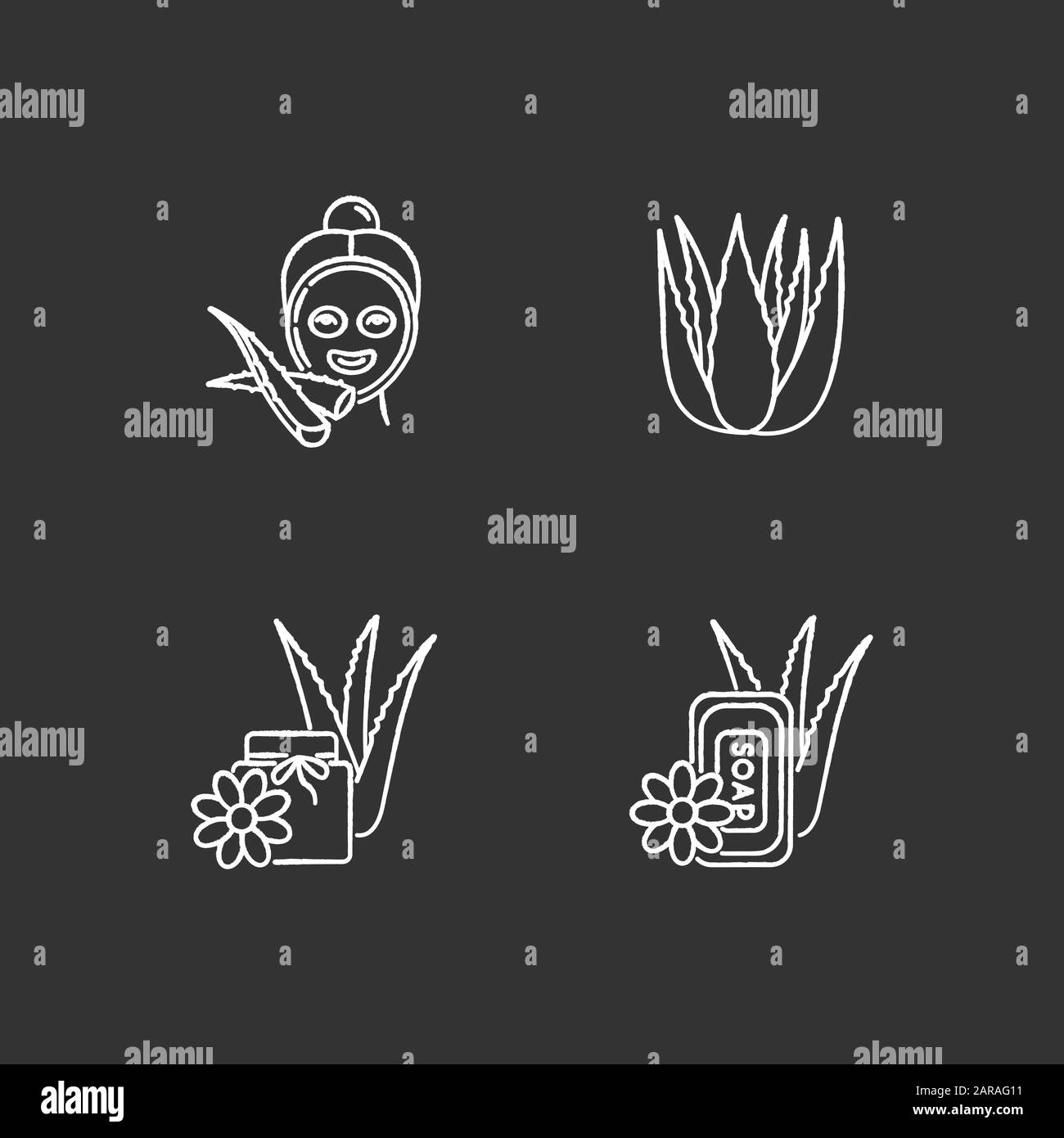 Les icônes blanches de craie vera d'aloès sont définies sur fond noir. Masque facial féminin. Soins au spa. Germes de plantes médicinales. Produits de bain. Dermatologie et cos Illustration de Vecteur