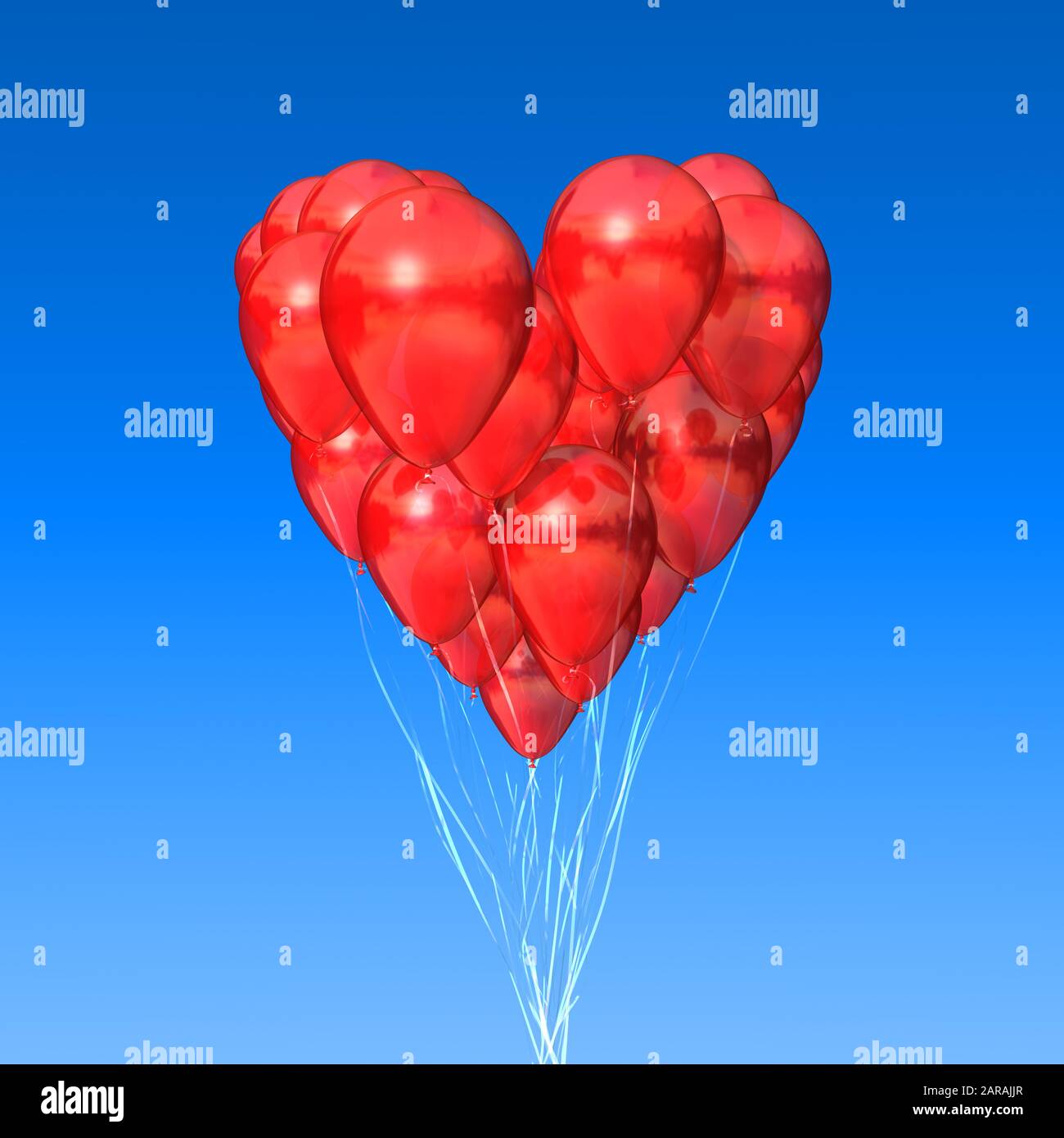 Ballons rouges en forme de coeur contre un ciel bleu. Amour, Saint Valentin Banque D'Images