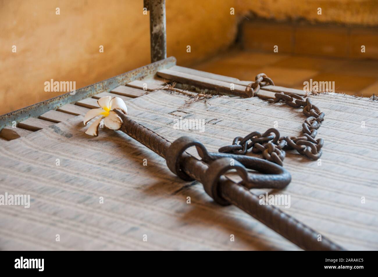 Une manille sur un lit utilisé pour retenir les prisonniers pour les empêcher de s'échapper. Une fleur de frangipani a été placée dessus. Musée Tuol Seng, Phnom Penh, Cambodge Banque D'Images