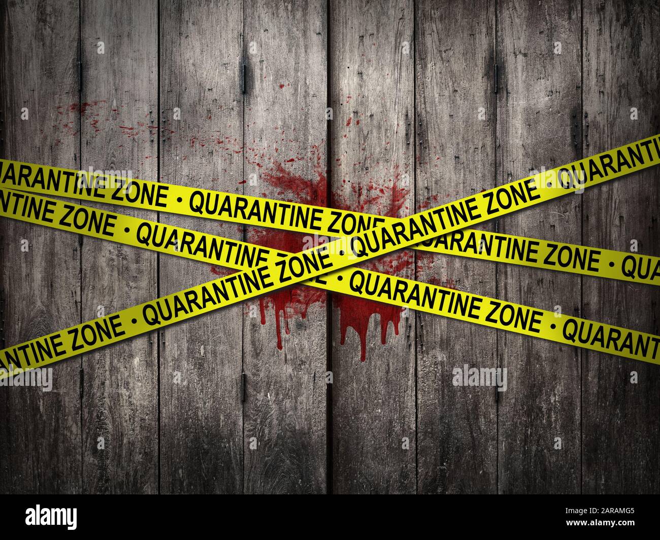 bande jaune de zone de quarantaine pour avertissement sur la zone de quarantaine en cas d'épidémie avec fond sanglant mur en bois de terre Banque D'Images