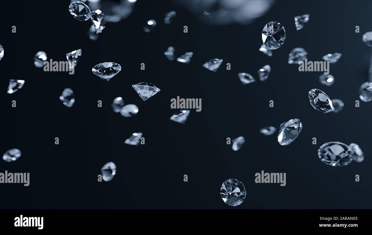 Beaucoup de diamants brillants tombant sur une surface grise - rendu 3D Banque D'Images