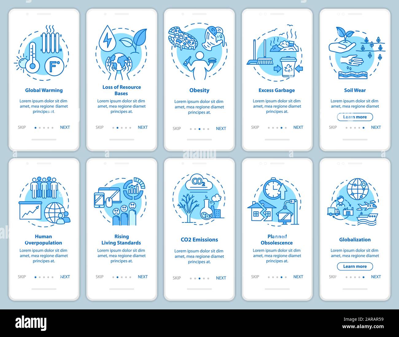 Écran de la page des applications mobiles d'intégration de surconsommation avec concepts. Dommages environnementaux. Le consumérisme passe en 5 étapes des instructions graphiques. Vecteur d'interface utilisateur Illustration de Vecteur