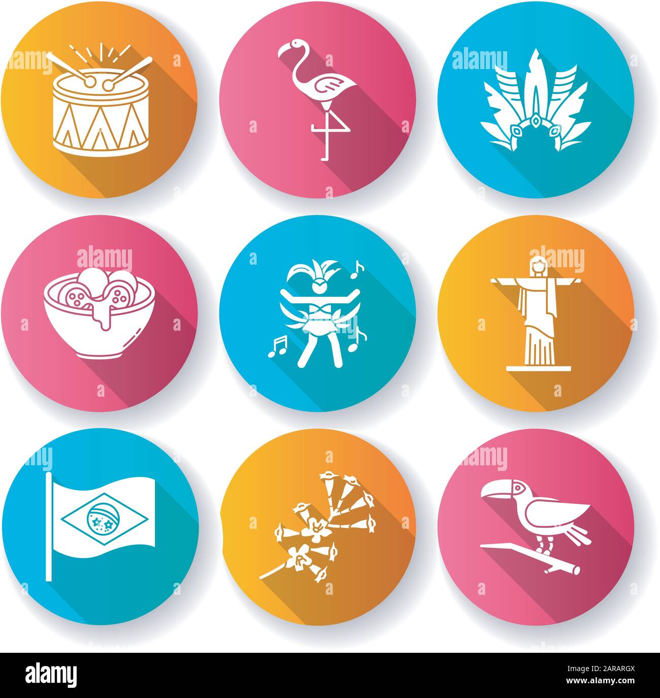 Culture brésilienne conception plate long ombre glyphe icônes ensemble. Mascarade traditionnelle. Flamingo. Statue de Jésus. Chapeau de Carnaval. Samba. Fête ethnique. Natio Illustration de Vecteur