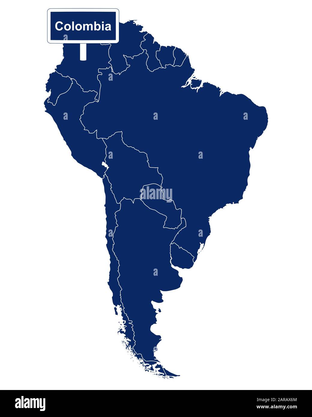 Colombie avec carte de l'Amérique du Sud et panneau de route Banque D'Images