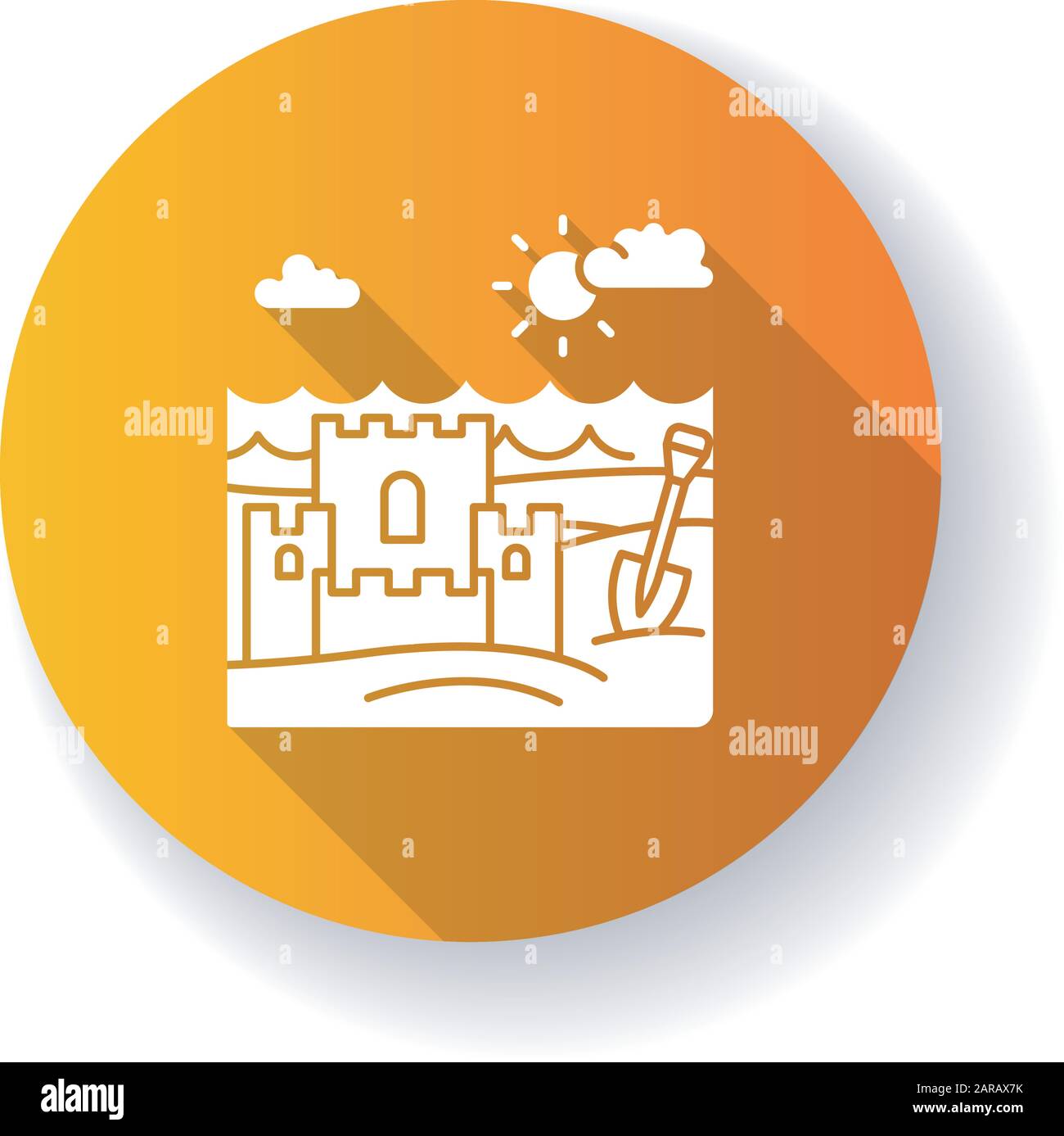 Ocean Beach orange plate design long ombre glyphe icône. Rive marine. Château de sable. Vacances en famille maritime. Voyage dans un pays exotique. Silhouette RVB col Illustration de Vecteur