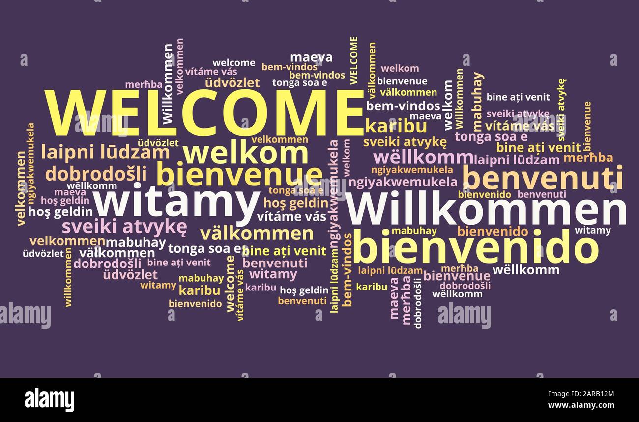 Message de bienvenue se connecter. Panneau de bienvenue International en plusieurs langues comme l'anglais, allemand, espagnol et français. Banque D'Images