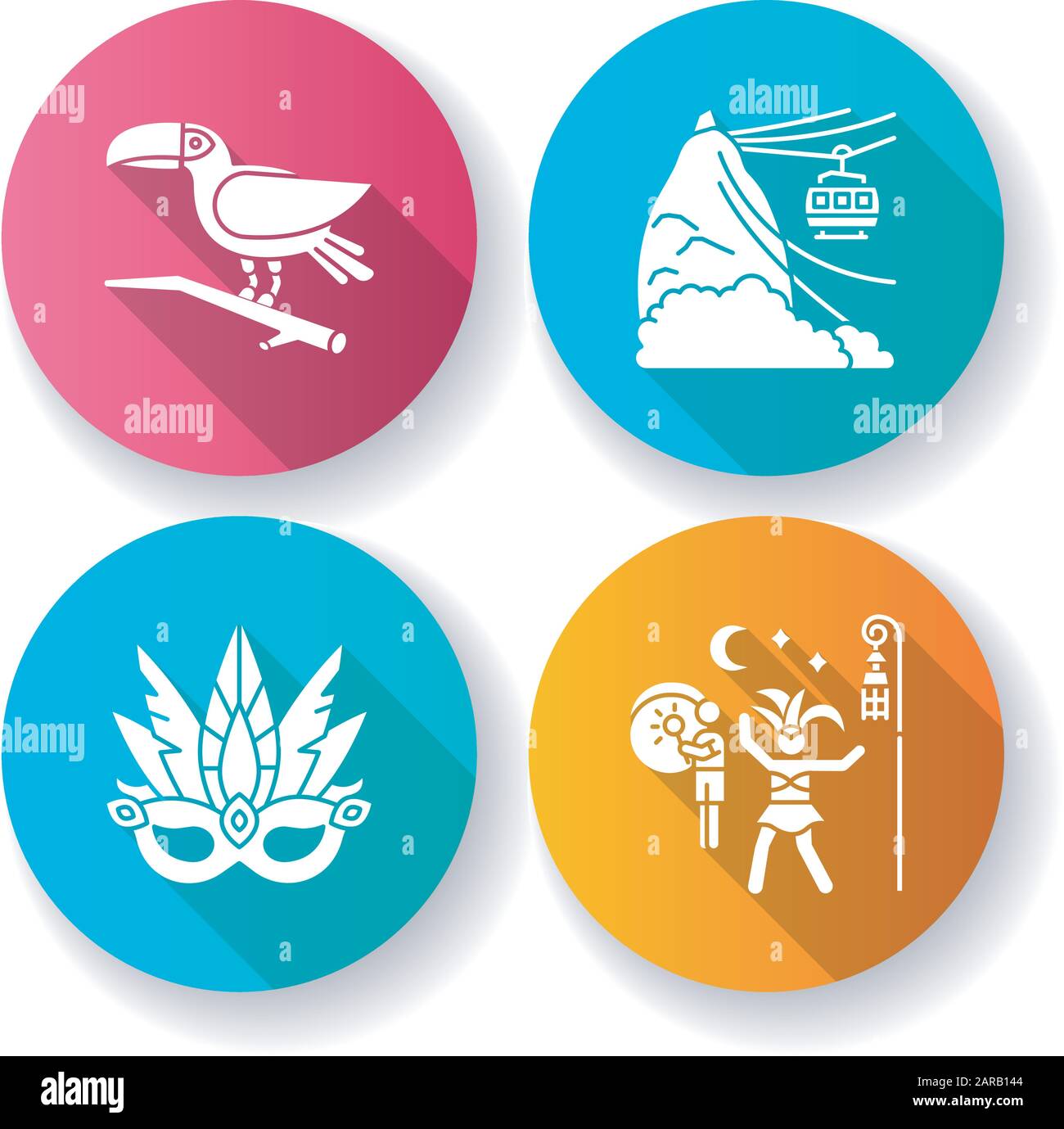 Jeu d'icônes de glyphes d'ombre à motif plat et carnaval brésilien. Mascarade traditionnelle. Fête de rue. Masque mascarade. Pão de Açúcar. Toucan. Chemin De Câbles. Nat Illustration de Vecteur