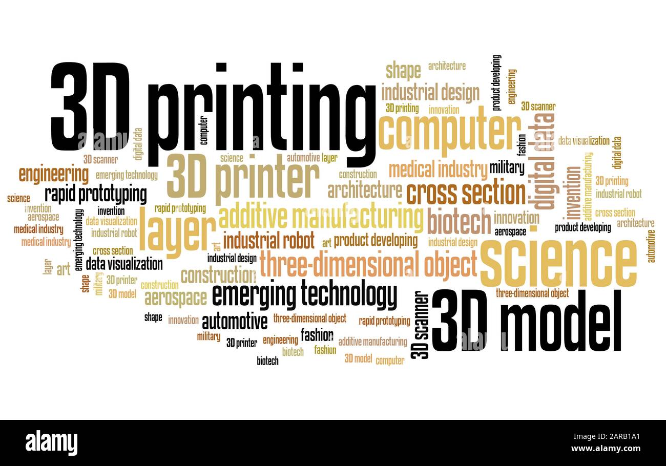 La technologie d'impression 3D - Nuage de mots concepts illustration. Collage de texte. Banque D'Images