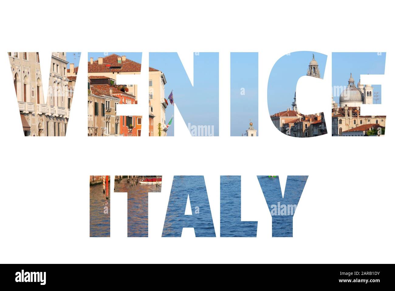 Venise texte mot signe - Italie nom de ville silhouette carte postale. Banque D'Images