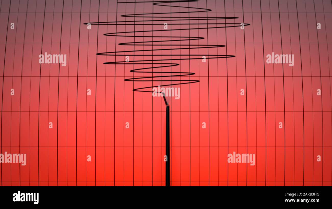 Alerte rouge un gros plan d'une aiguille de machine de sismographe dessinant un papier graphique représentant l'activité sismique et sismique - rendu 3D Banque D'Images