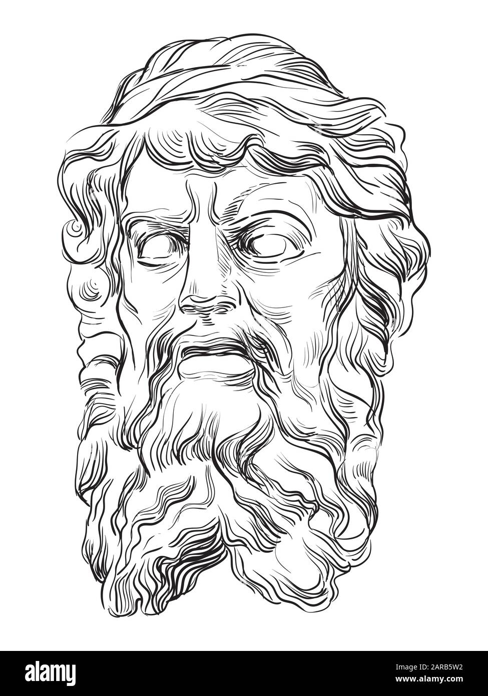 Pierre ancienne bas-relief en forme de tête humaine avec barbe, illustration vectorielle de dessin main en couleur noire isolée sur fond blanc. Illustration de Vecteur