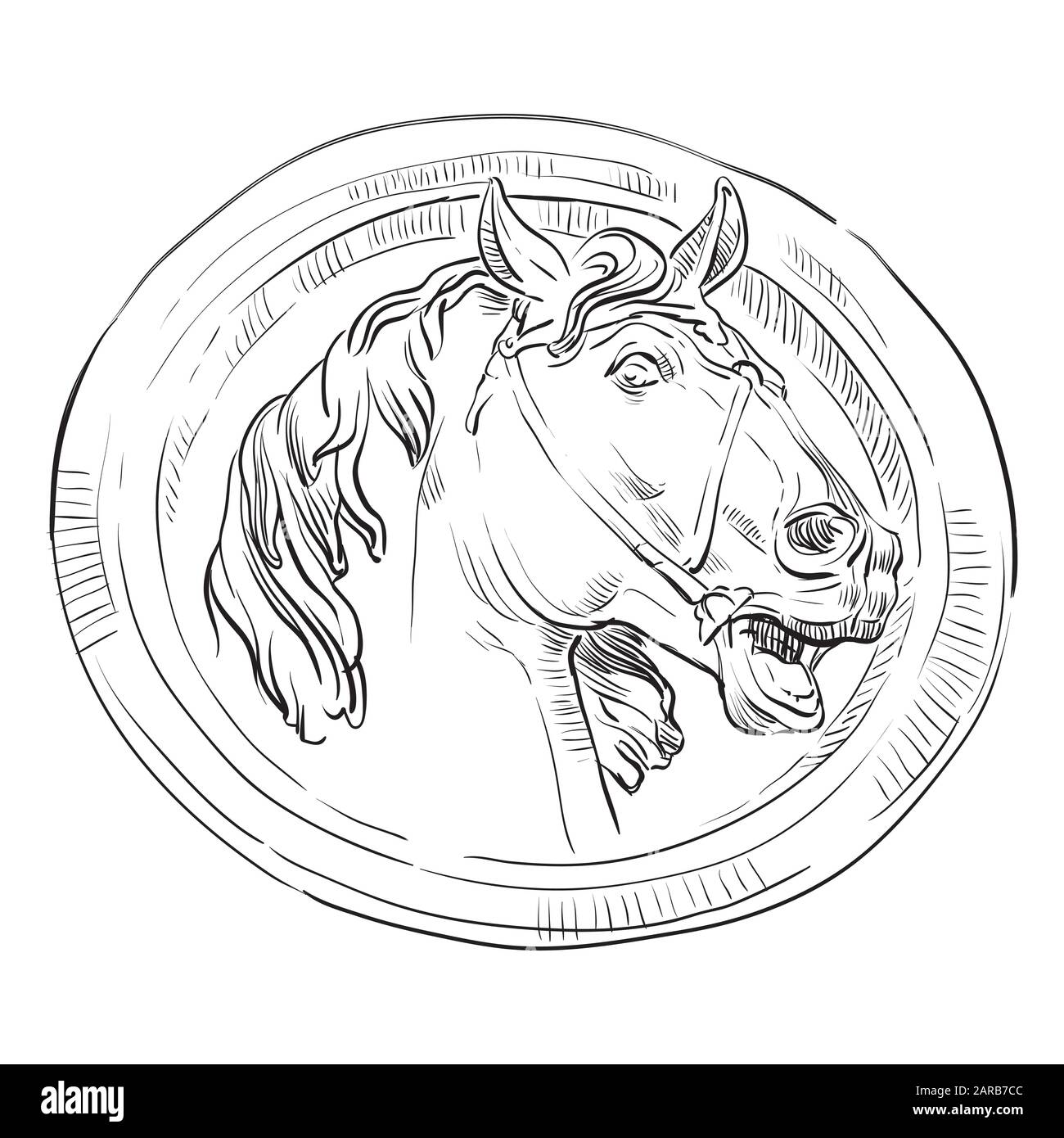 Ancienne ronde vintage bas-relief sous la forme d'une tête de cheval, vecteur main dessin illustration en couleur noire isolée sur fond blanc Illustration de Vecteur