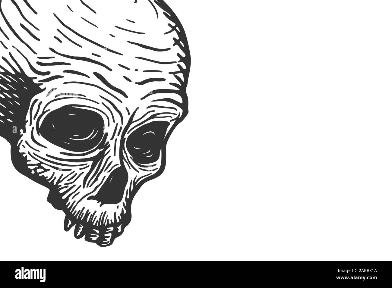 Modèle de bannière avec crâne d'un homme mort et lieu pour le texte sur un fond blanc. Illustration du dessin vectoriel à main. Illustration de Vecteur