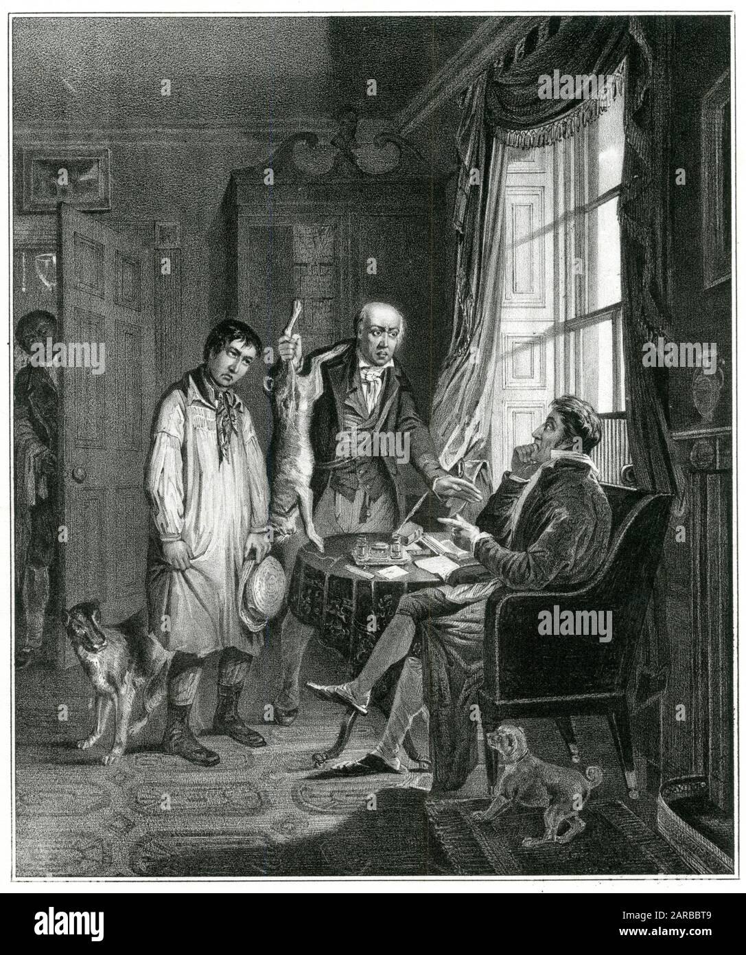 Un lad de pays a été pris braconnant un lièvre, et maintenant il est porté devant le propriétaire de la succession Date: Vers 1830 Banque D'Images