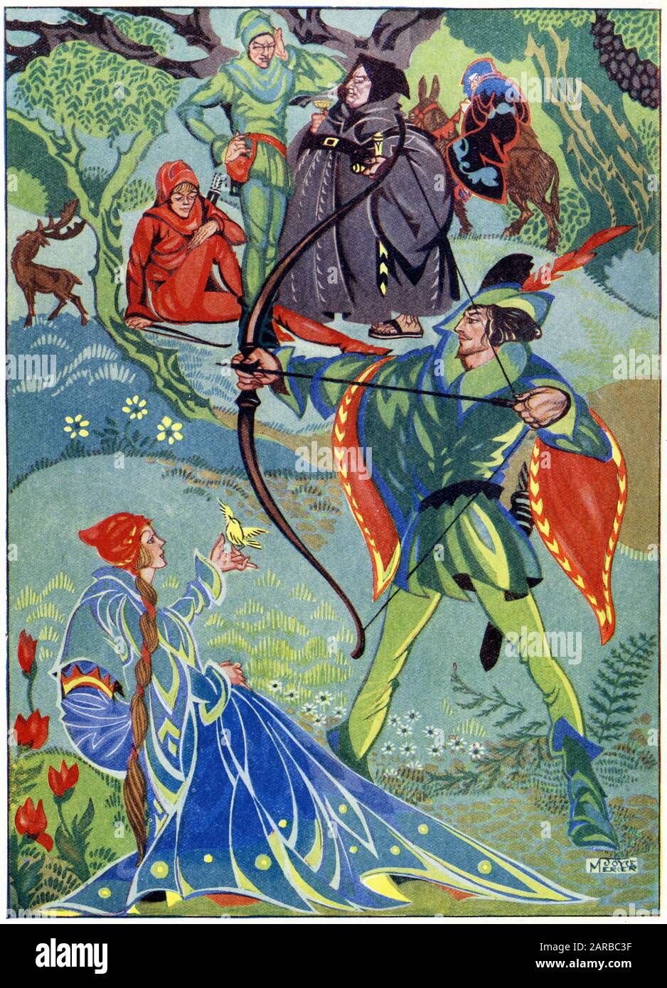 Maid Marian rejoint Robin Hood et ses Merry Men. Cette Scène Montre Robin, Marian, Friar Tuck, Will Scarlett Et Little John. La mystérieuse figure en arrière-plan est-elle le shérif? Date : début du XXe siècle Banque D'Images