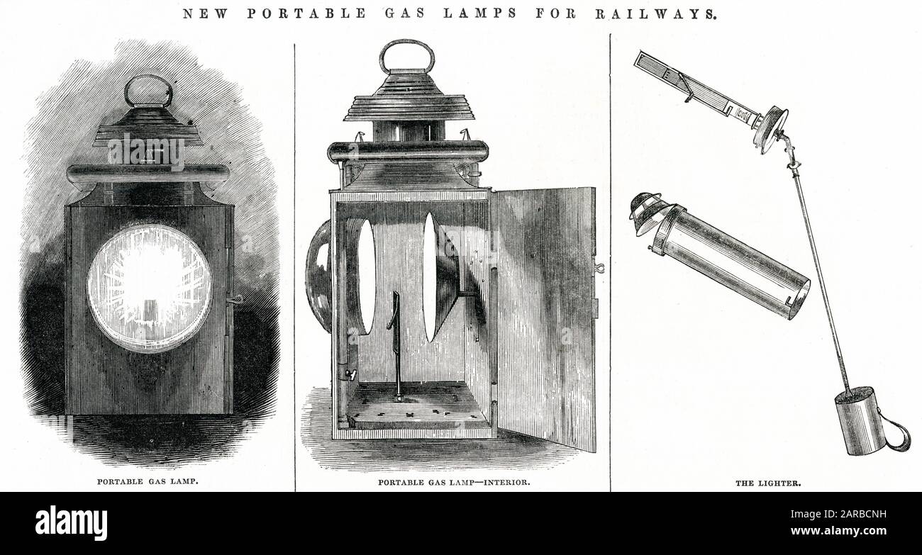 Nouvelles lampes à gaz portables pour les chemins de fer 1845 Banque D'Images