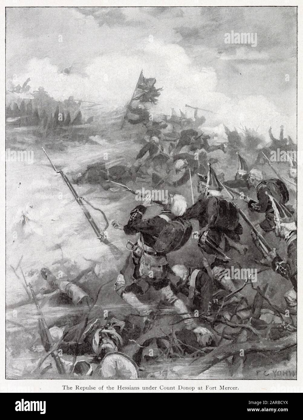 La Répulsion Des Hessians Sous Le Comte Donop À Fort Mercer Pendant La Bataille De Red Bank, New Jersey Date : 1778 Banque D'Images