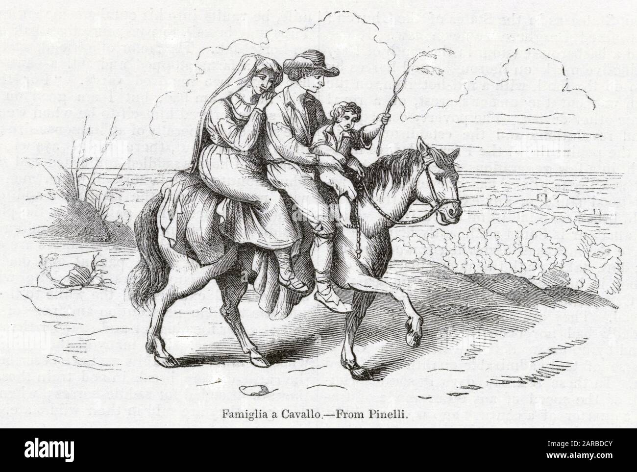 Famille romaine de trois personnes voyageant à cheval, Italie Banque D'Images