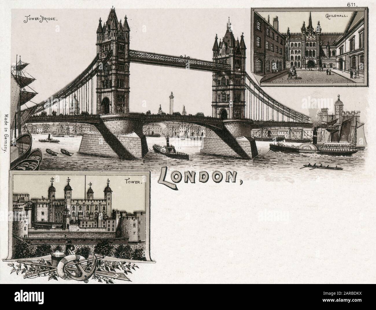 Carte postale picturale ancienne - taille des cartes de cour - scènes et sites de Londres - la Tour de Londres, Tower Bridge (ouvert trois ans plus tôt en 1894) et le Guildhall. Banque D'Images