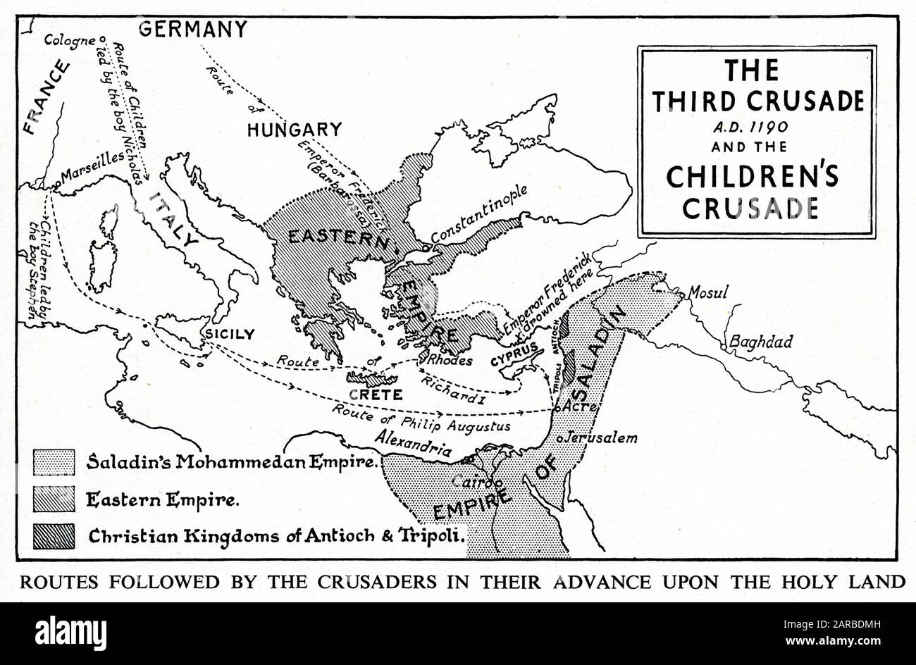 Carte de la troisième croisade et de la croisade des enfants, montrant divers itinéraires et territoires. Banque D'Images