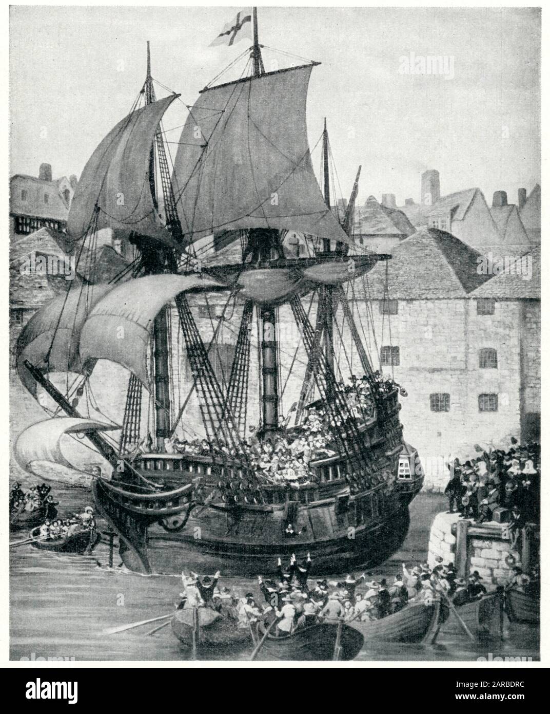 Départ du Mayflower de Plymouth avec 102 hommes, femmes et enfants à bord, pour rechercher la liberté religieuse dans le Nouveau monde. Banque D'Images