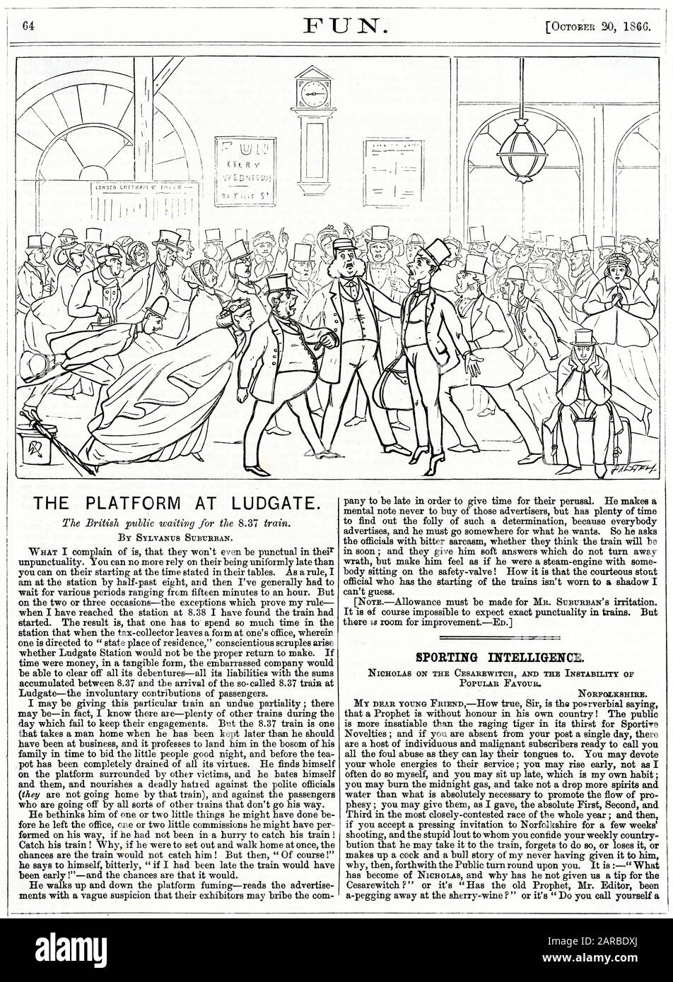 Dessins animés dans 'Fun', 1866, montrant une illustration d'une plate-forme bondée à Ludgate où les gens attendent un train de 8:37. Cet article a été écrit par Sylvanus Suburban Banque D'Images