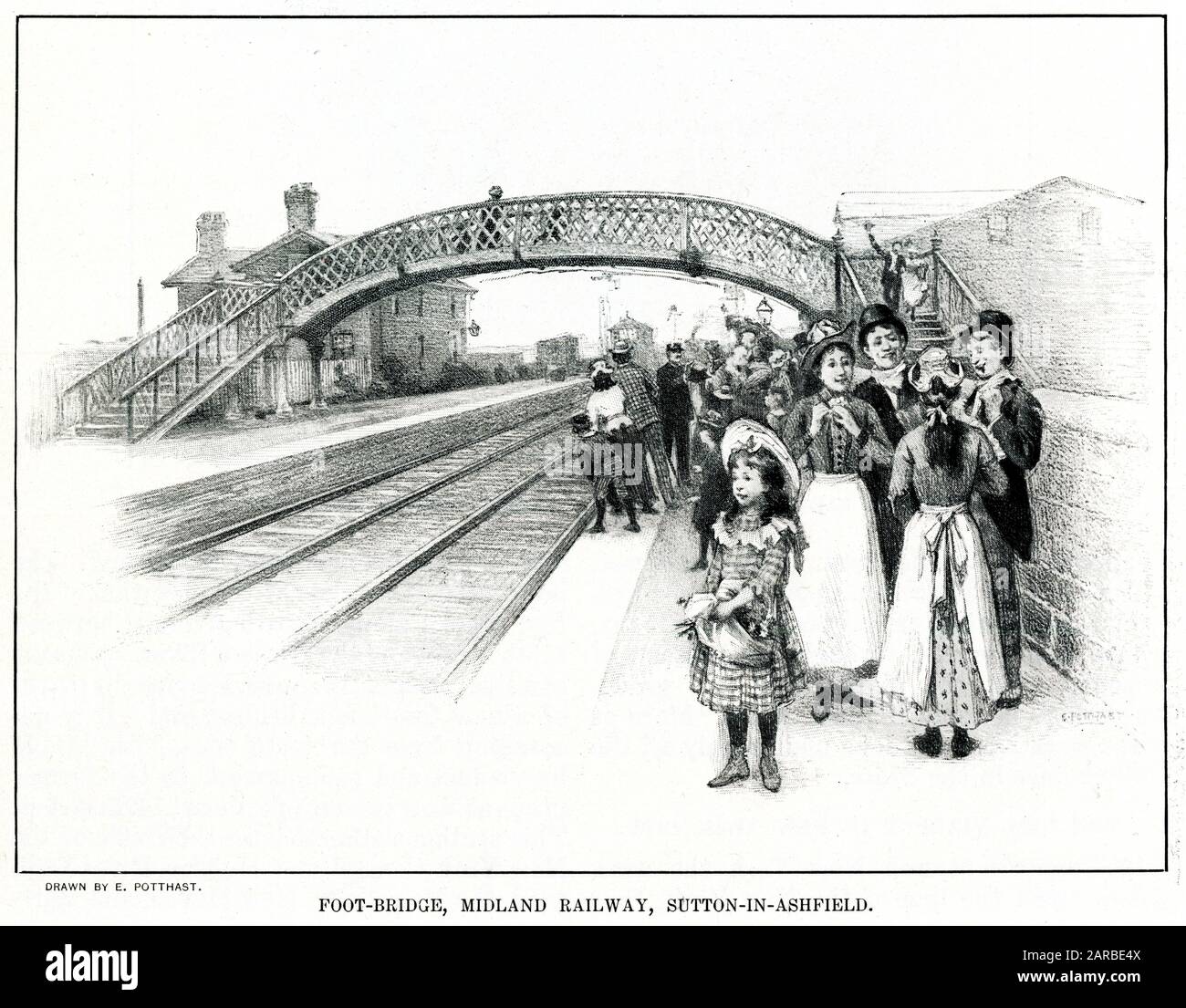 Scène de quai avec passagers et passerelle à la gare de Sutton-in-Ashfield Town, sur le Leen Valley extension Railway (GNR), Nottinghamshire, l'année de son ouverture. Banque D'Images