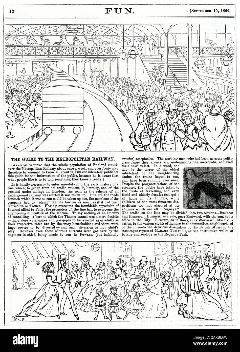 Dessins animés dans 'Fun', 1866. Le Guide du chemin de fer métropolitain. Un commentaire humoristique sur la popularité du nouveau métro londonien, montrant des gens voyageant pour affaires et pour le plaisir, et l'un des «plus vieux habitants» des égouts souterrains, un rat effrayé! Banque D'Images