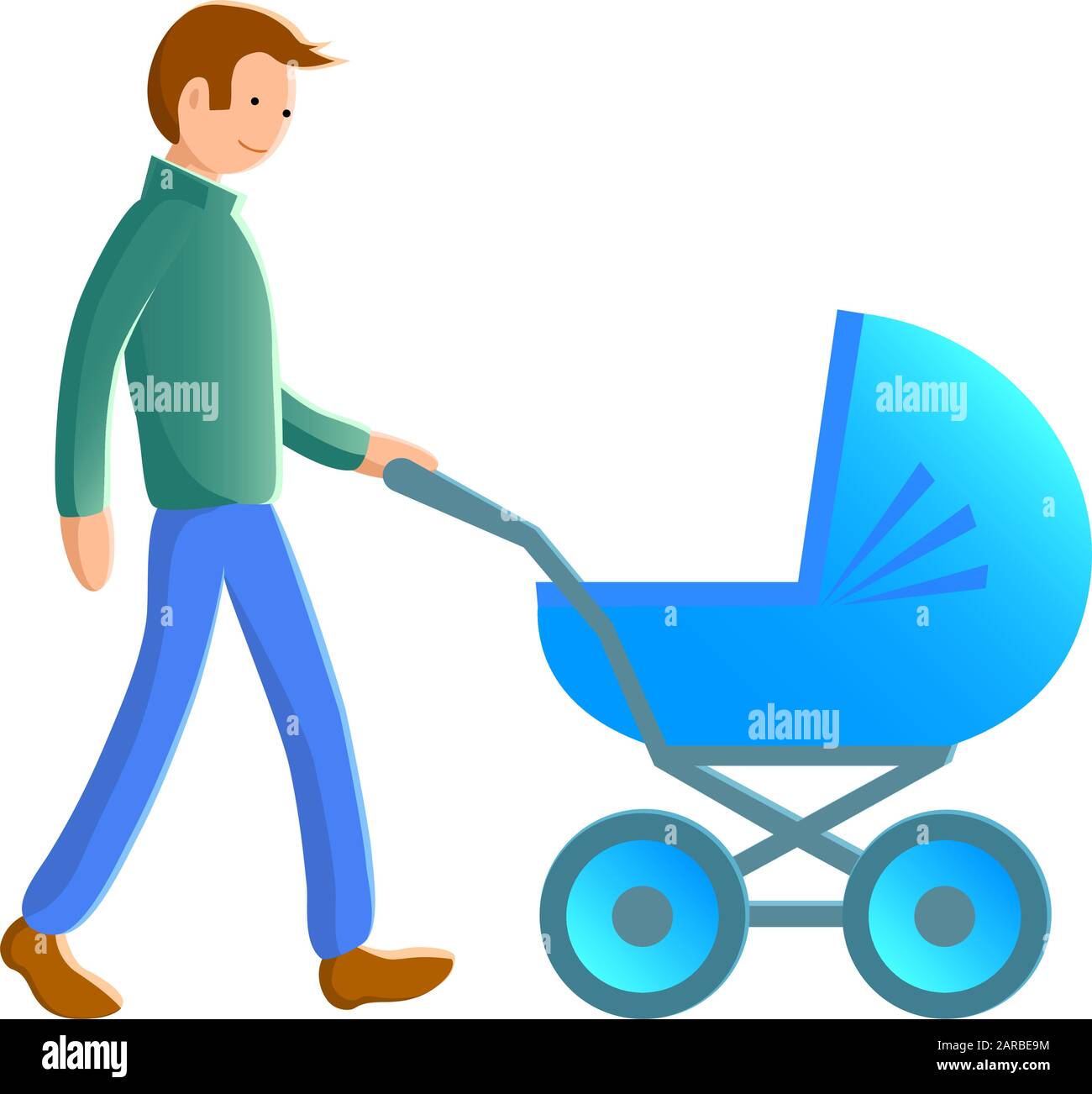 Un père heureux marche avec une poussette classique de bébé bleu. Vêtu d'un pull chaud et d'un Jean. Vue latérale. Illustration isolée de vecteur de dessin animé sur une famille Illustration de Vecteur