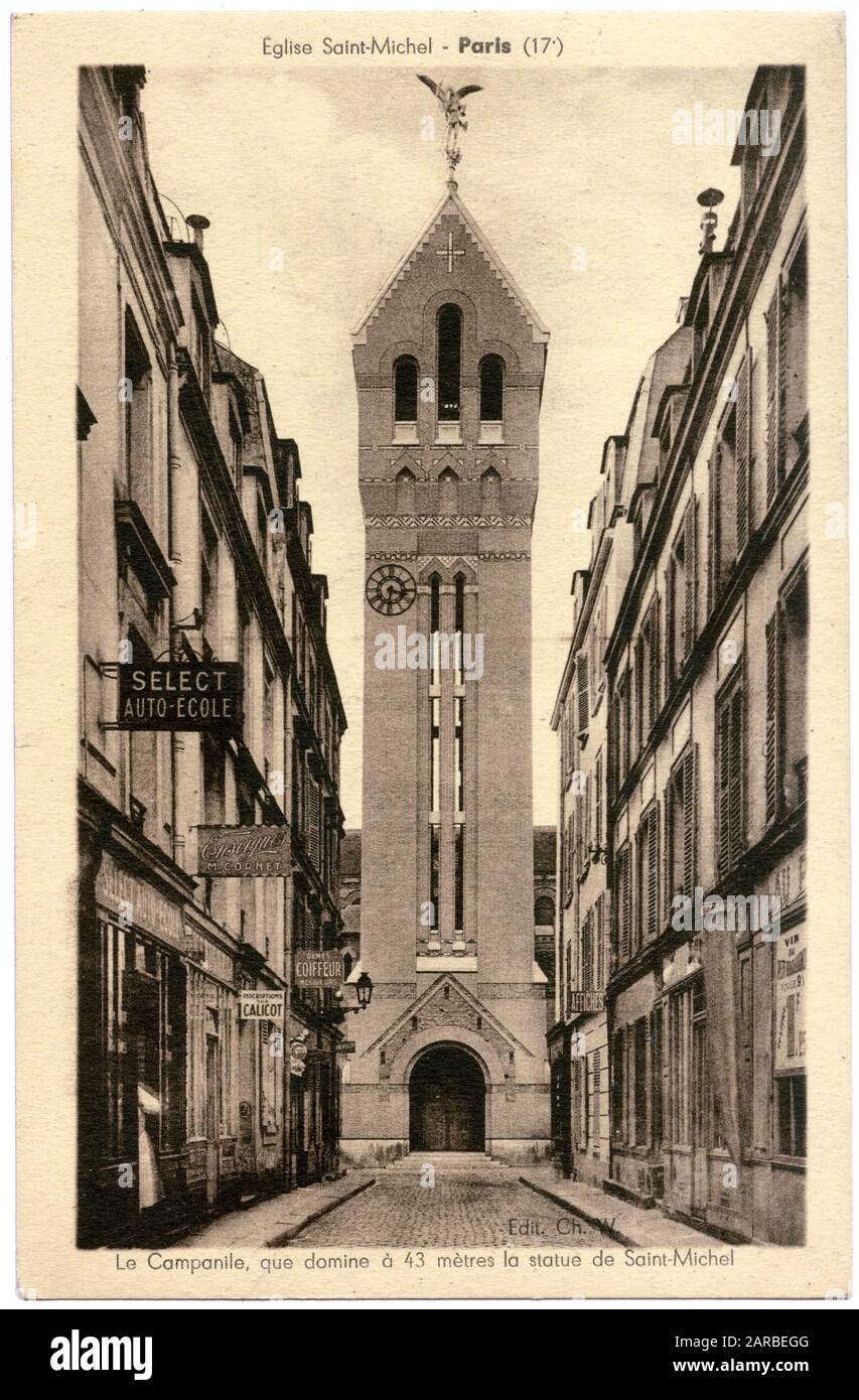 Campanile de l'église St Michel, Paris, France. Banque D'Images