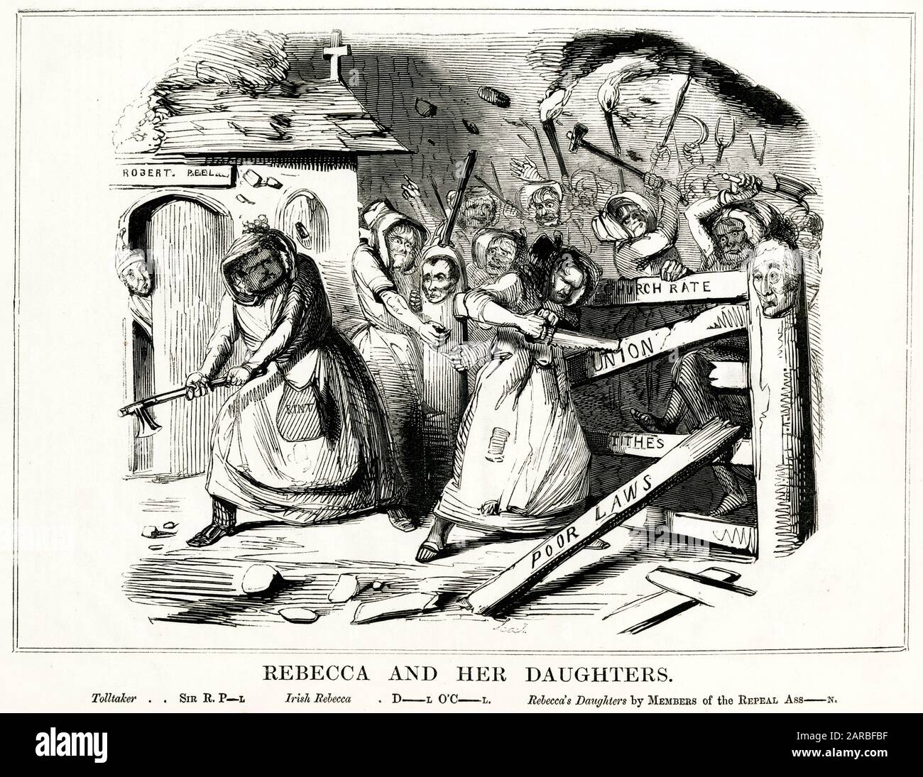 Cartoon, Rebecca et ses filles. Parodie d'une illustration parue dans l'Illustrated London News en février de la même année. Les premières émeutes ont eu lieu au pays de Galles, en guise de protestation contre les redevances de péage. Cette caricature représente le politicien réformateur irlandais et leader nationaliste, Daniel O'Connell, comme une Rebecca irlandaise, et ses «filles» en tant que membres de l'Association Repeal, luttant pour les droits du peuple irlandais contre les loyers, les taux d'église, les dîmes et les mauvaises lois, avec Sir Robert Peel comme le péage impuissant, se cachant derrière sa porte de péage. Banque D'Images