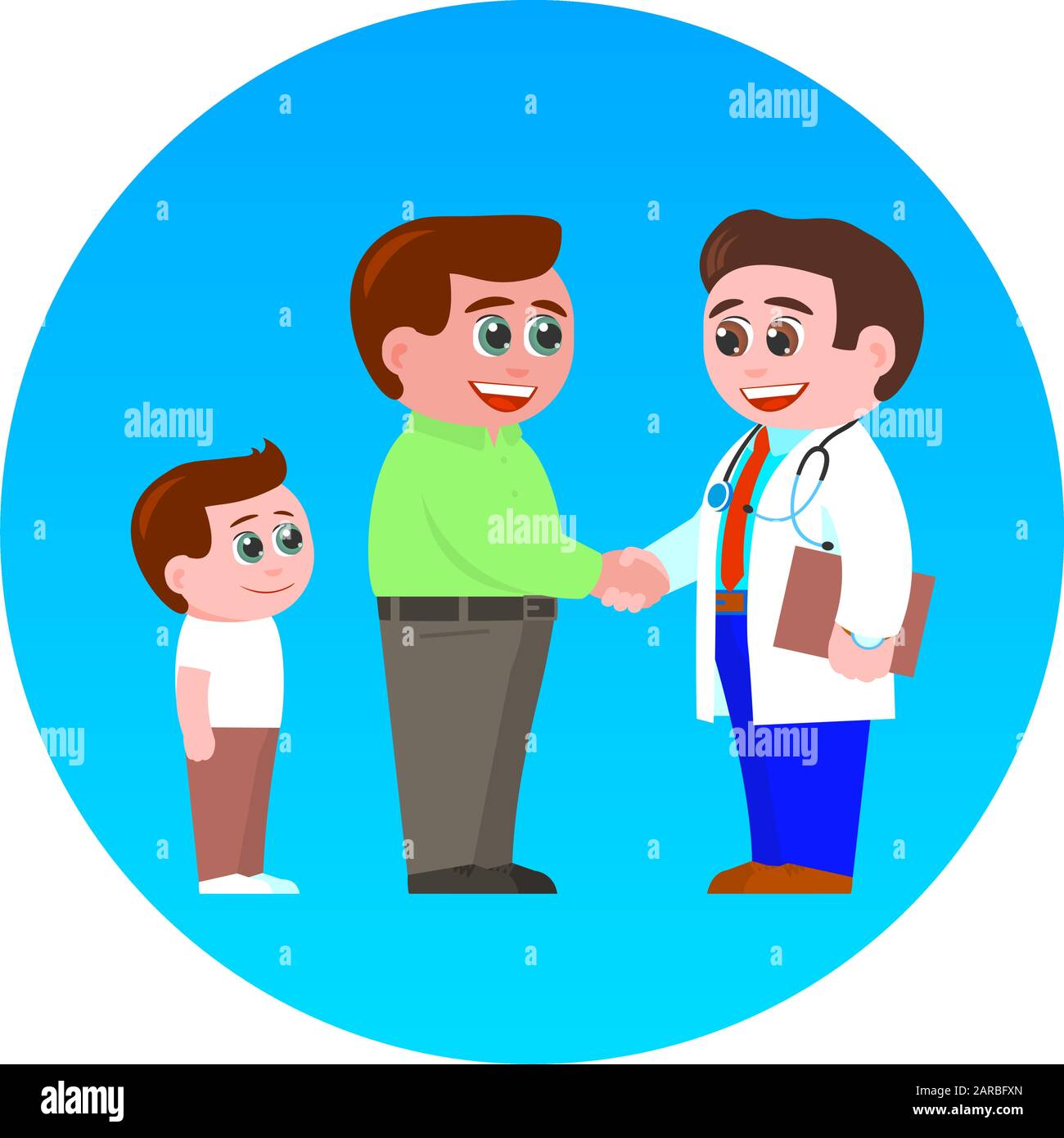 La famille rencontre un médecin. Le père se réveille les mains avec un  pédiatre de l'homme dans un manteau blanc. Un petit fils se tient derrière.  Tout le monde souriait. Dessin animé