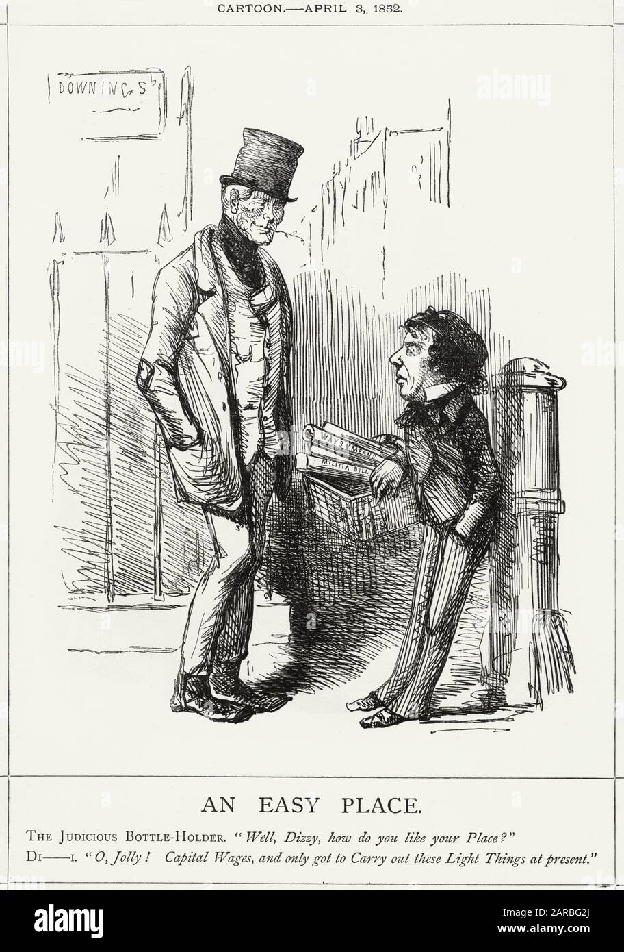 Cartoon, un endroit facile -- commentaire satirique sur le travail relativement facile de Benjamin Disraeli en tant que chancelier de l'Échiquier. Il adoptait les arrangements financiers du précédent gouvernement (libéral), au motif que son parti était minoritaire, ce qui donnait l'impression qu'il n'avait pas une charge de travail très lourde. Banque D'Images