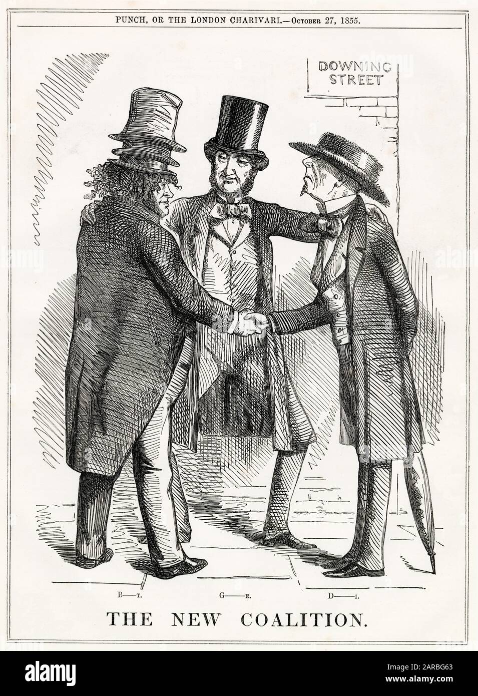Cartoon, The New Coalition -- un commentaire satirique sur la collaboration improbable de John Bright, William Gladstone et Benjamin Disraeli, s'unissant (pour leurs propres raisons) dans l'opposition au gouvernement de Palmerston. Banque D'Images