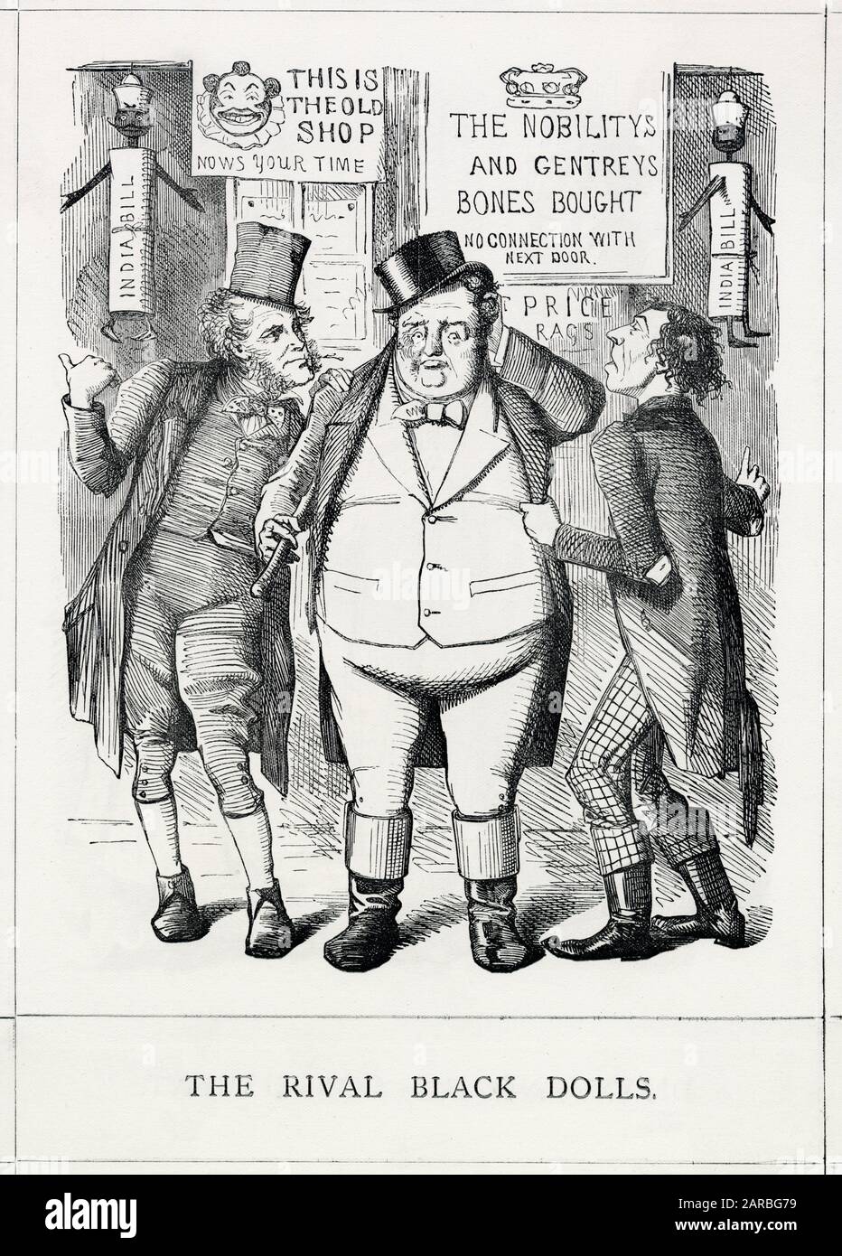 Cartoon, The Rival Black Dolls, montrant l'ancien Premier ministre libéral, Palmerston (à gauche), et l'actuel député conservateur Benjamin Disraeli (à droite) dans le gouvernement de Lord Derby, dépeints comme des commerçants rivaux. Ils avaient tous les deux participé à la promotion de deux projets de loi distincts sur l'Inde, conçus pour transférer le pouvoir de la Compagnie britannique des Indes orientales à la Couronne, en réponse à la rébellion indienne (mutinerie) de l'année précédente. Le projet de loi soutenu par les conservateurs a été adopté le 2 août 1858. Banque D'Images