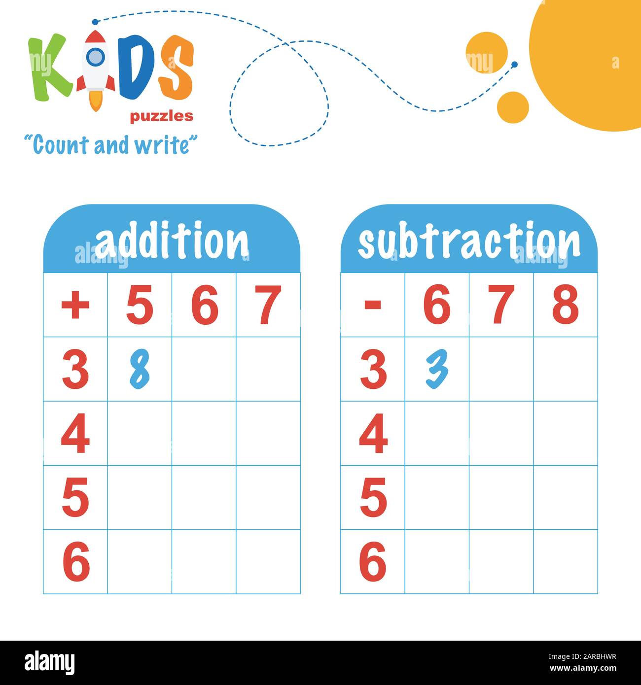 Comptage et écriture faciles de maths colorés pratique de feuille de calcul pour les enfants d'école maternelle et élémentaire. Illustration de Vecteur