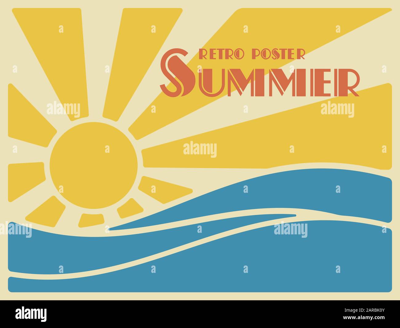 Affiche rétro de l'été. Soleil sur les vagues de la mer. Illustration de Vecteur