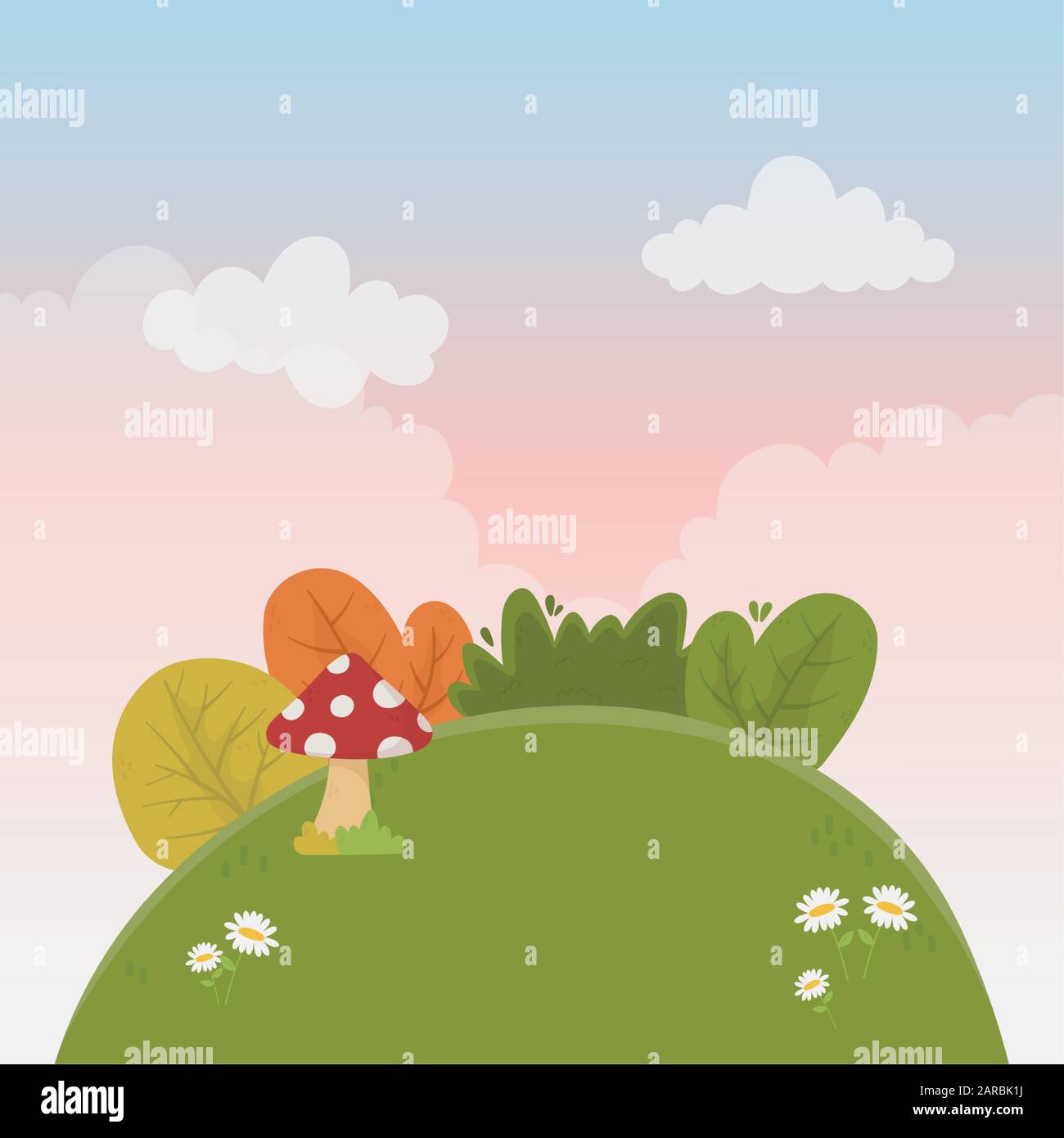 paysage colline champignons feuilles fleurs nature feuillage arrière-plan illustration vectorielle Illustration de Vecteur