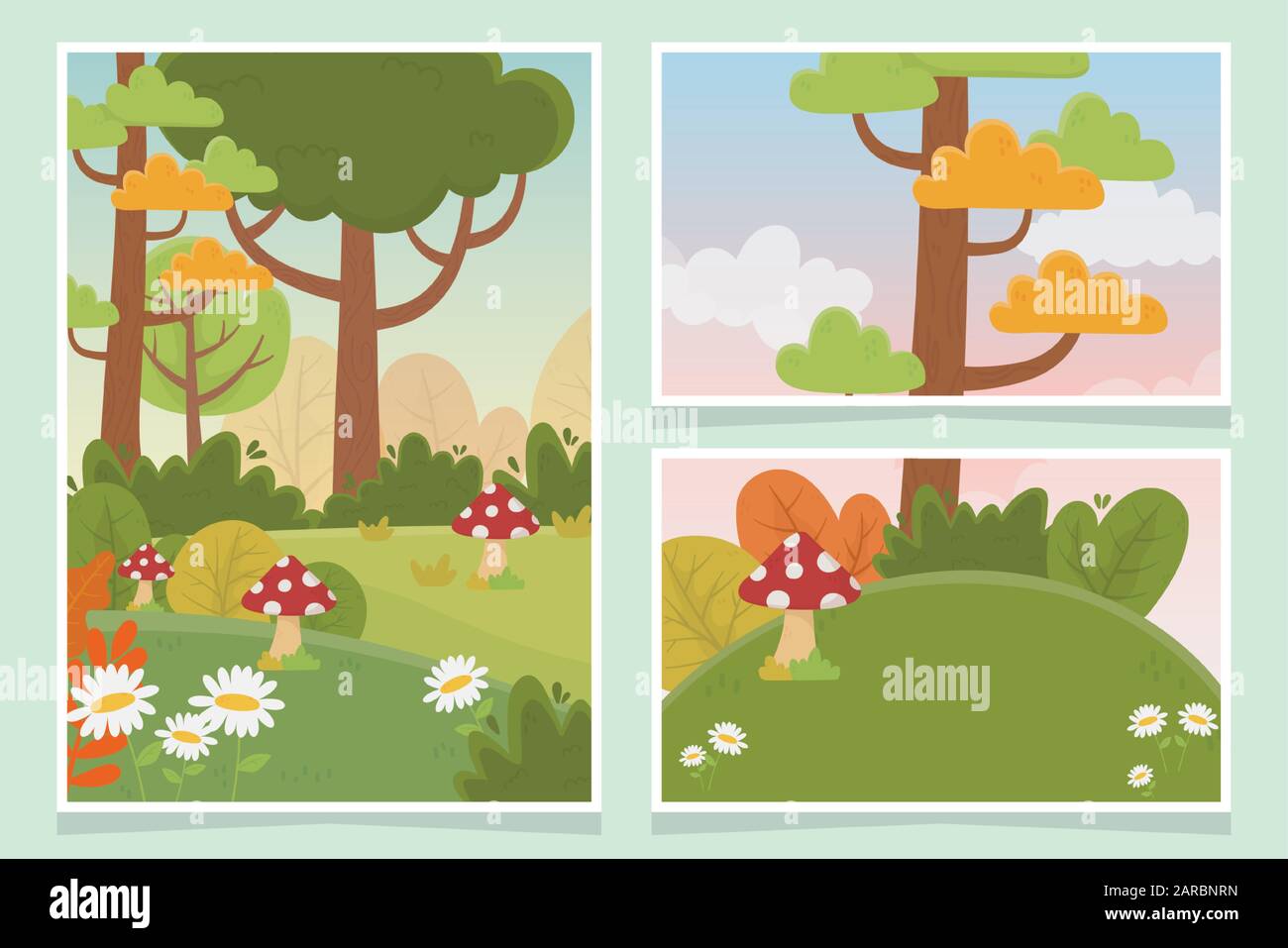 paysage champignons arbre fleurs herbe nature feuillage cartes illustration vectorielle Illustration de Vecteur