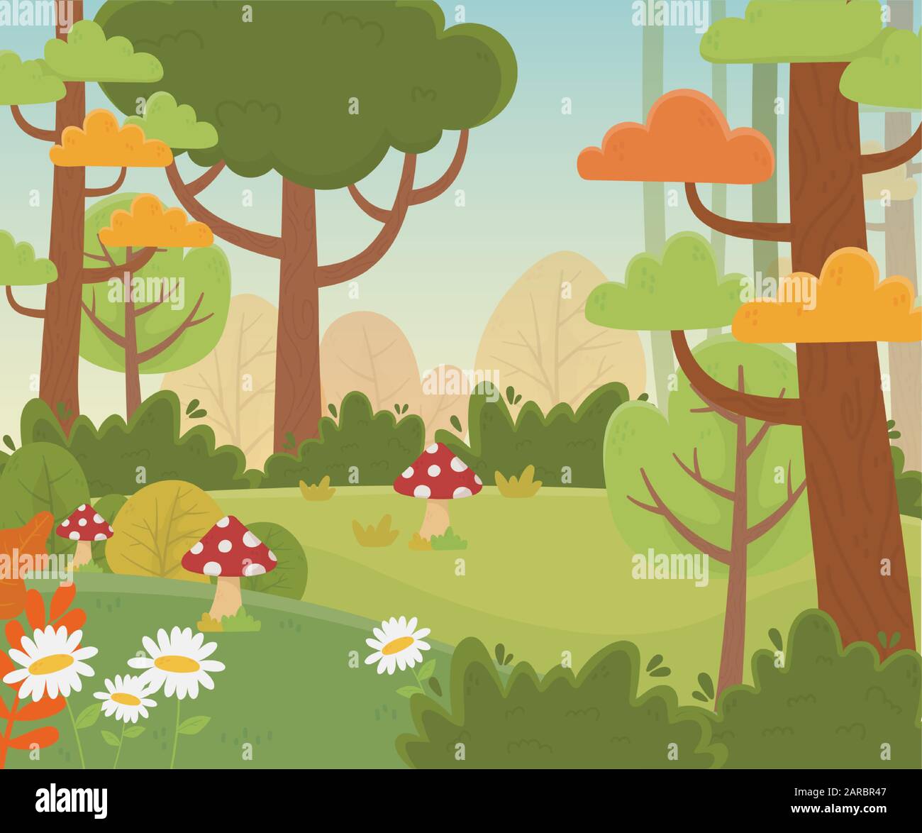 paysage prairie fleurs champignons arbres nature feuillage arrière-plan illustration vectorielle Illustration de Vecteur