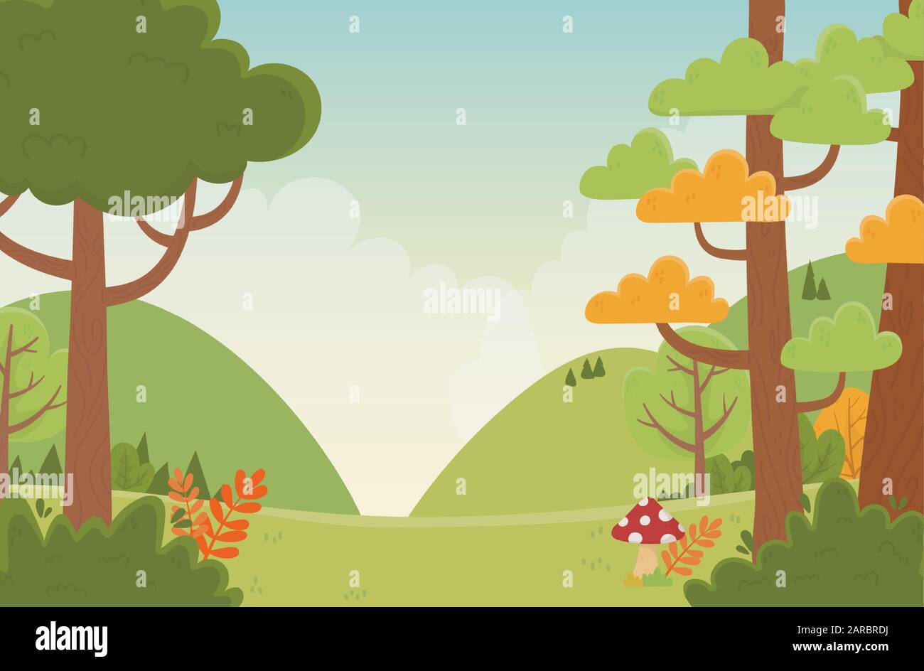 paysage collines arbres champ de champignons nature feuillage arrière-plan illustration vectorielle Illustration de Vecteur