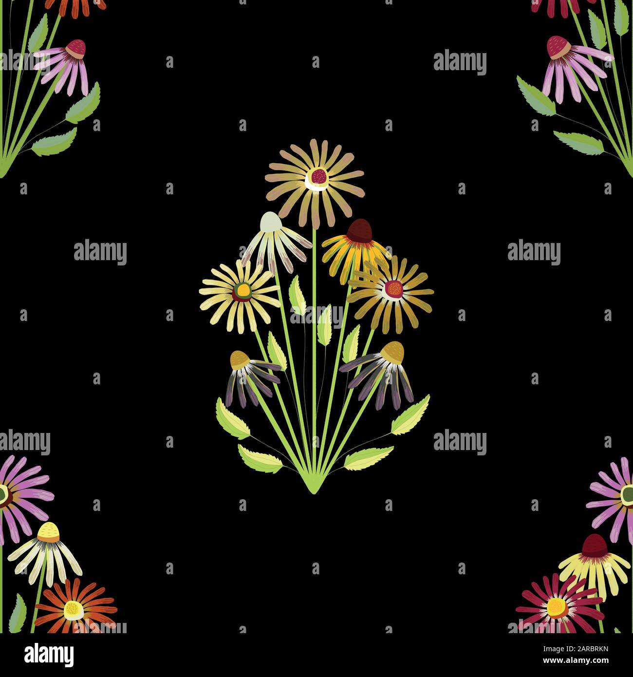 Motif fleuri folklorique vectoriel dessiné à la main avec des petits bouquets de fleurs dans des tons de rouge, de violet, d'orange et de vert. Modèle demi-goutte transparent sur fond noir Illustration de Vecteur