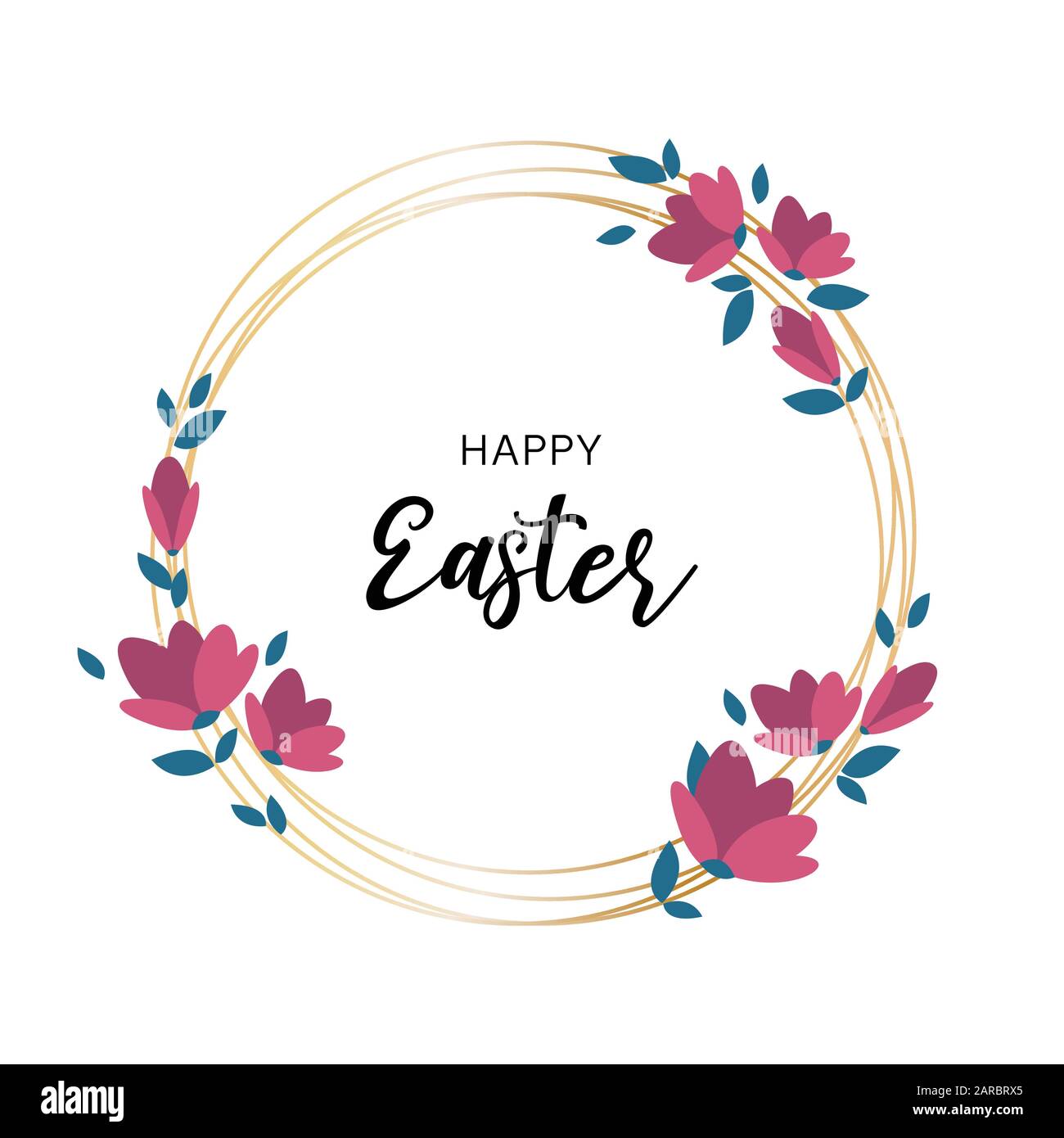 Joyeuses cadre doré de Pâques avec décoration fleurs fleuries, carte de vœux, illustration vectorielle Illustration de Vecteur